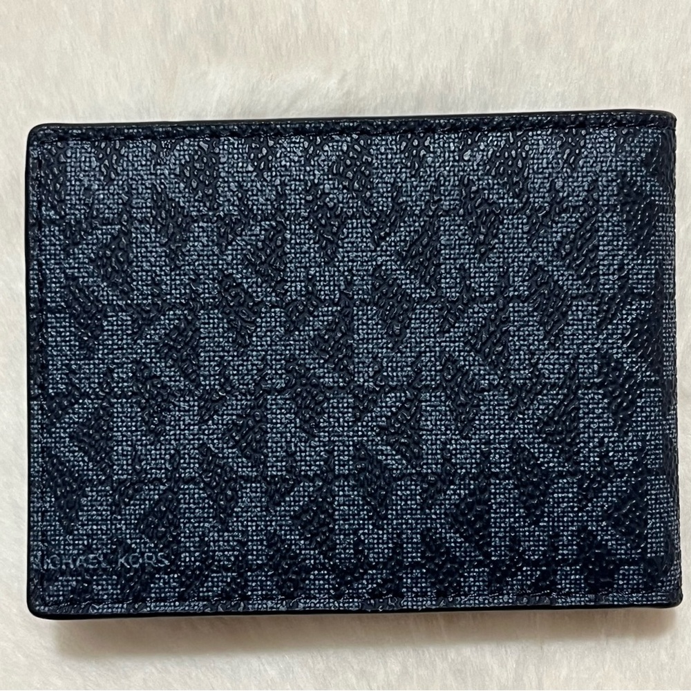 New Michael Kors Signature Blue Logo Monogram Bifold Flap Card Holder Wallet - Picture 2 of 8